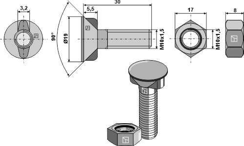 BOLT M10X30 M/2 NÆSER SORT