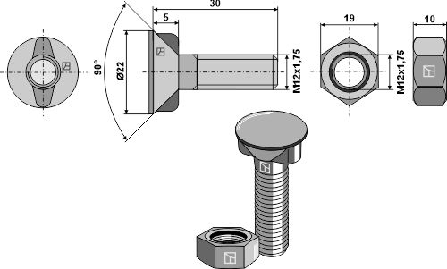 KK033100 Bolt M12x30 m/2 næser 