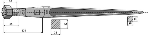 Lige frontlæssertand M20 med spids  600 mm