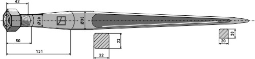 Lige frontlæssertand M20 med spids  680 mm