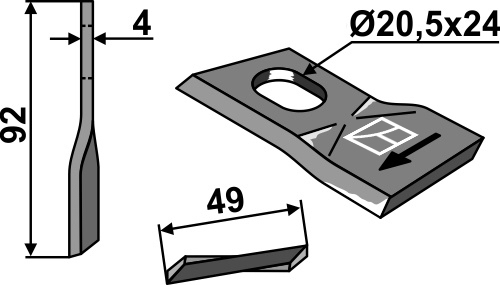 JF kniv vreden  92x49x4 mm Ø20,5x24 højre - 1380-0022