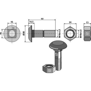 Plovbolt M16x1,5x60 med møtrik